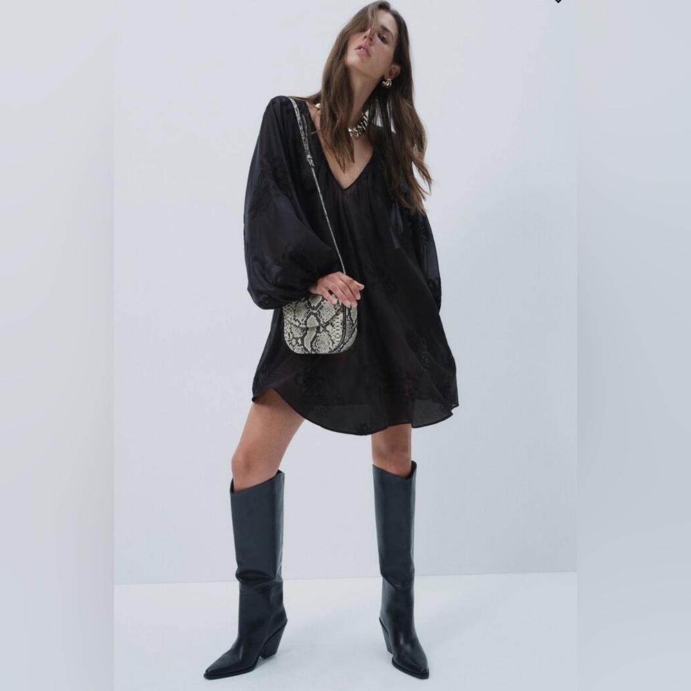 NWT H&M Black Sheer Embroidered Balloon Sleeve Tunic Dress Cover Up, SZ XS